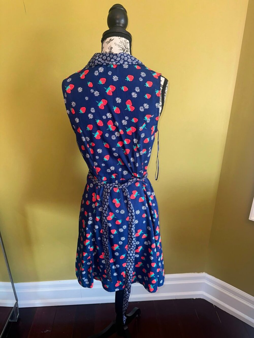 Vintage Retro Strawberry Print Midi Collared Dress Blue Daisy Cottagecore Summer - Picture 9 of 13